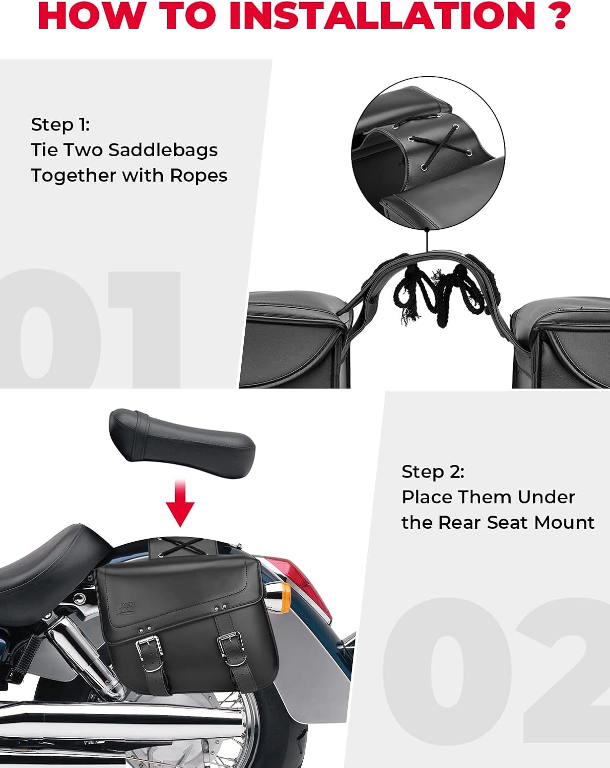 KEMIMOTO Motorcycle Saddlebags, 30L Large Capacity Saddle Bags Motorcycles, PU Leather Motorcycle Luggage Bag for Sportster Softail Dyna V-star Shadow, Universal Motorcycle Accessories, Black