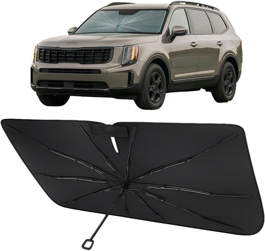 Proadsy Windshield Sun Shade Umbrella for Kia Sorento 2021-2025 2026 Foldable Car Umbrella Sunshade with Soft TPU Handle Spring Structure Crystal Cooling Material Protect Car from Rays & Heat