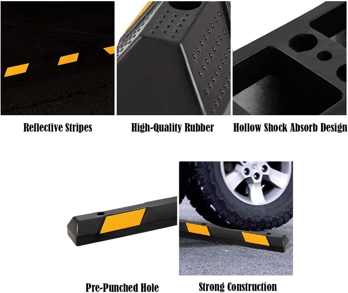 ERGOMASTER Parking Stopper for Garage,72” Rubber Parking Block with 8 High Reflective Yellow Safety Stripes for Vehicles Truck Driveway, Protect Pumpers from Cars Vans Trucks (8)