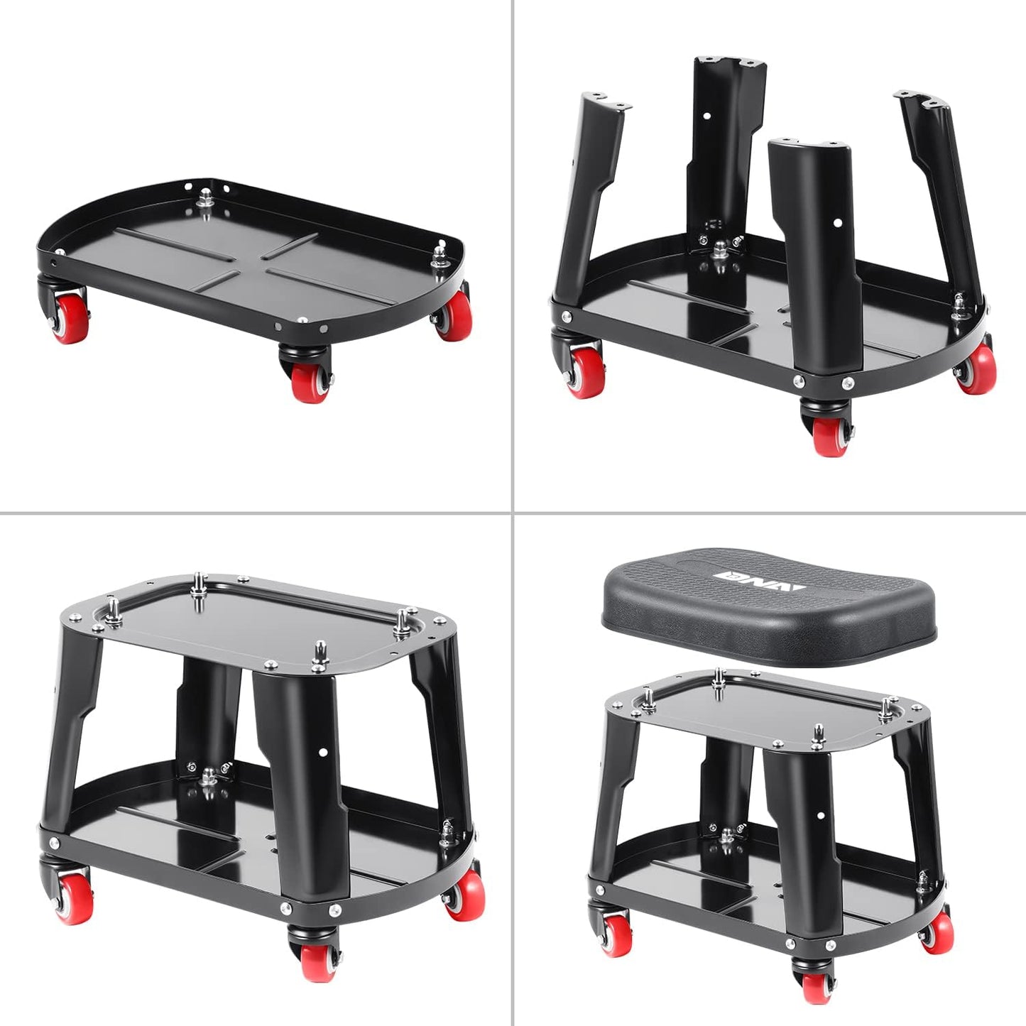 DNA MOTORING TOOLS-00252 Removable Rolling Garage Stool with Seat Cushion & Tool Tray Plate,300lbs Max Weight Capacity