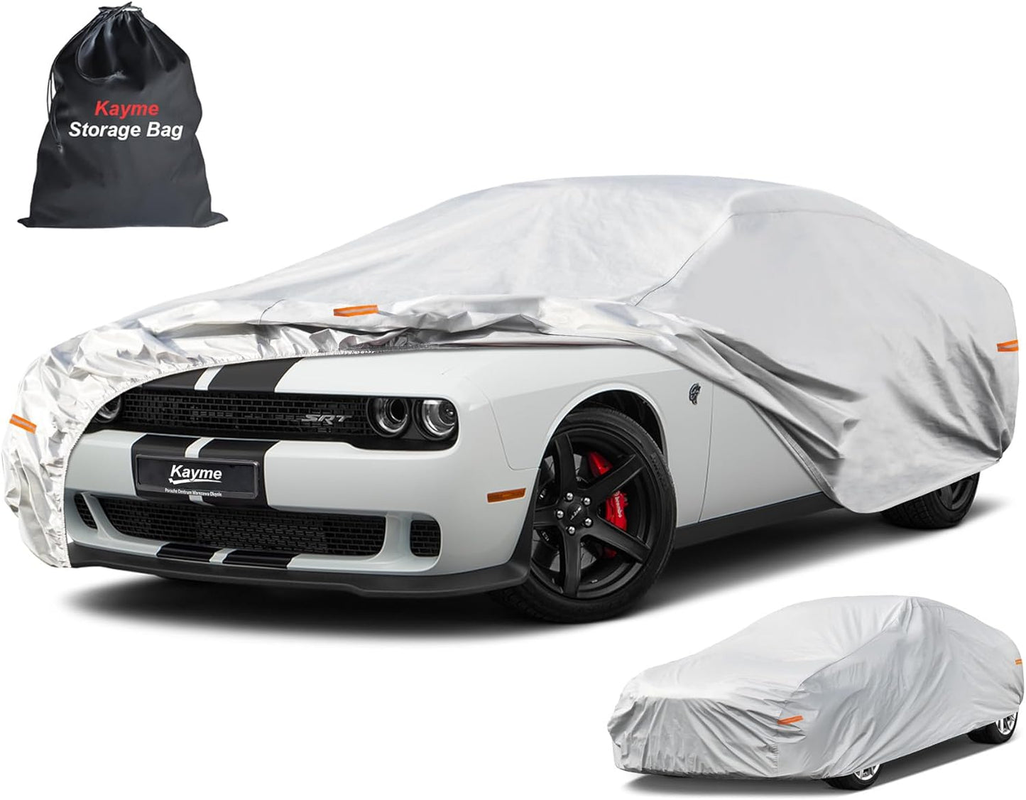 Kayme 6 Layers Car Cover Custom Fit for Dodge Challenger Hellcat (2008-2025) Waterproof All Weather for Automobiles, Outdoor Full Cover Rain Sun UV Protection.Silver