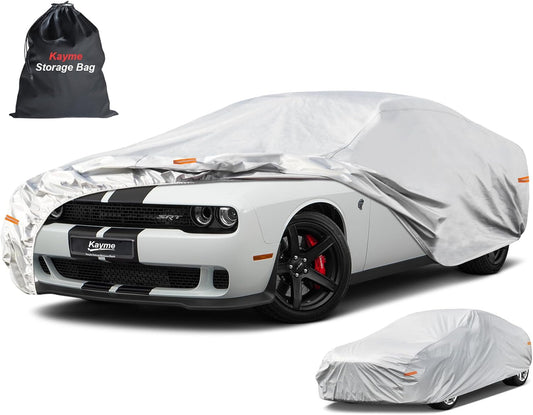 Kayme 6 Layers Car Cover Custom Fit for Dodge Challenger Hellcat (2008-2025) Waterproof All Weather for Automobiles, Outdoor Full Cover Rain Sun UV Protection.Silver