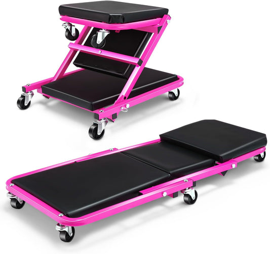 DNA MOTORING 36 Inches 2 IN 1 Rolling Folding Car Creeper/Seat, 6 Pcs 2" Casters, 150kg Weight Capacity, Purple, TOOLS-00185-PR