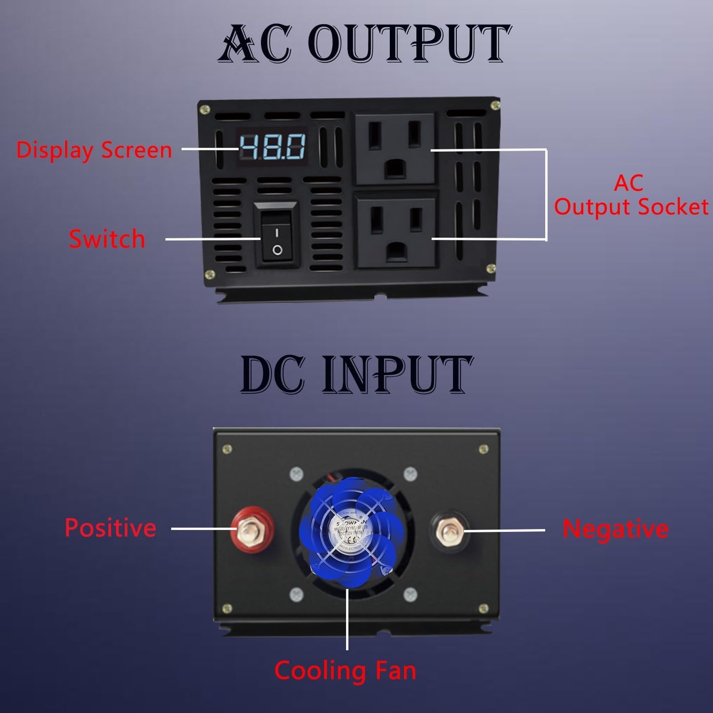 800W Pure Sine Wave Inverter-48V DC to 110V 120V AC Power Converter with 2 AC Outlets, 48 Volt Power Inverter for Truck, Rv, Camping, Home, Emergency Power