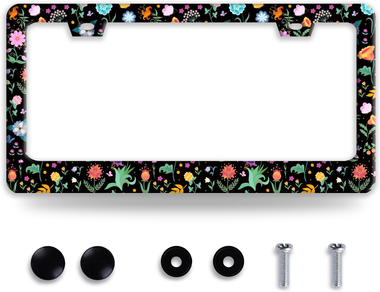 Colorful Flowers License Plate Frame Folk Art Floral License Plate Holder Funny Stainless Steel Accessories Cars Decor with 2 Holes and Screws Fits Standard Us Ca Vehicles 12.2 X 6 Inch