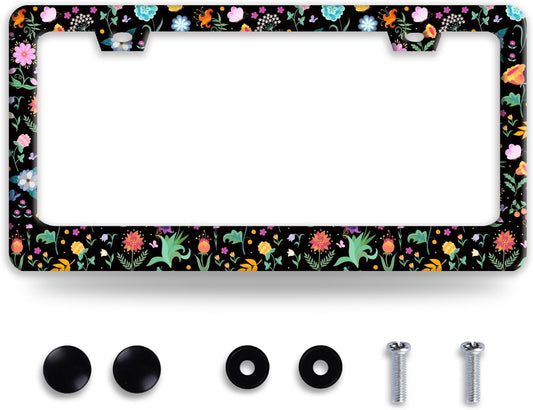 Colorful Flowers License Plate Frame Folk Art Floral License Plate Holder Funny Stainless Steel Accessories Cars Decor with 2 Holes and Screws Fits Standard Us Ca Vehicles 12.2 X 6 Inch