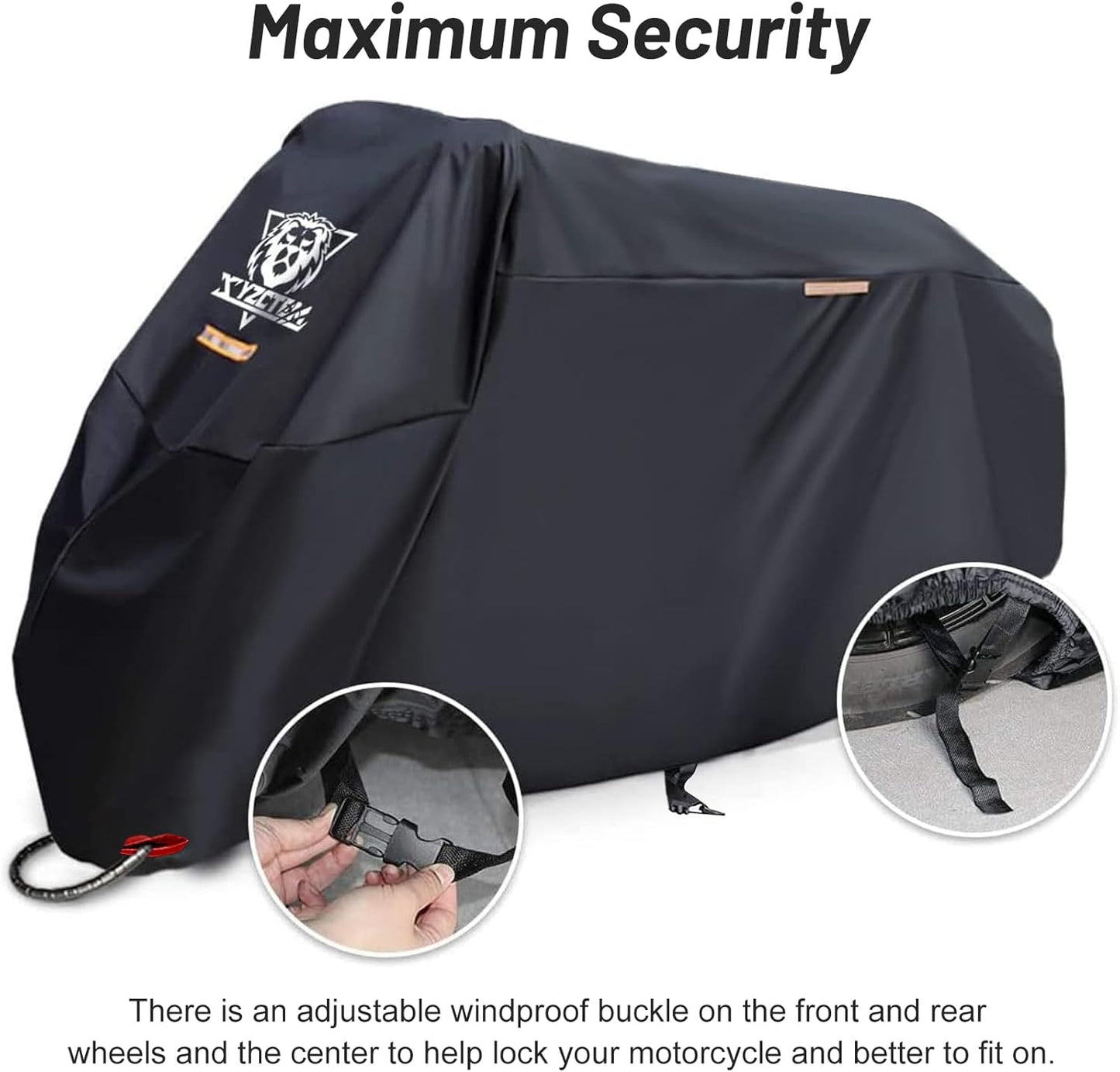 XYZCTEM Motorcycle Cover -Waterproof Outdoor Storage Bag, Made of Oxford Material, Fits up to 116" Harley Davison and All Motors (Black& Lockholes& Professional Windproof Strap)