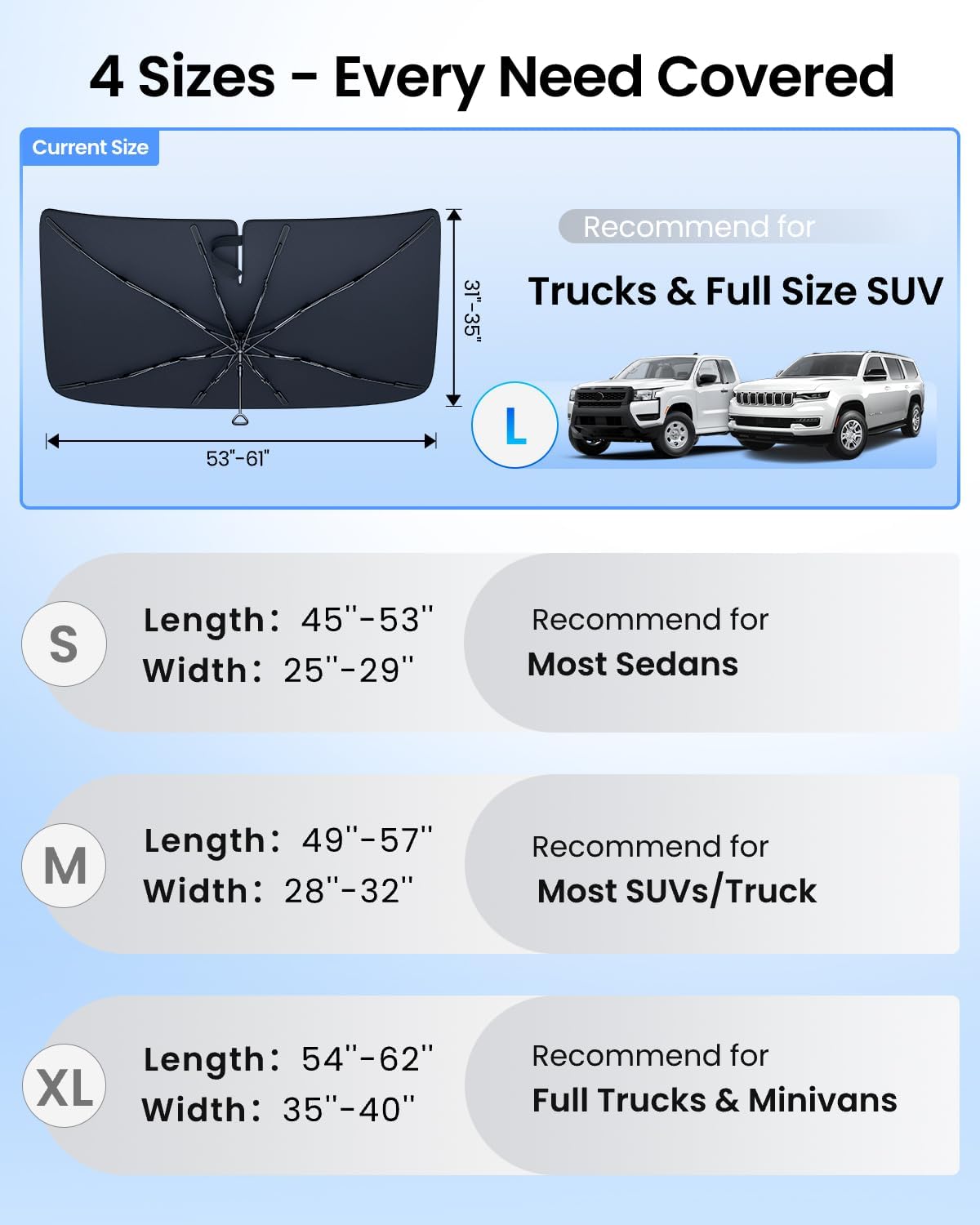 REEVAA 2025 Upgraded Truck Windshield Sun Shade Umbrella [100% Sun Protection & Keep Cool] Protect Interior, 360° Flex Handle Sun Shield Sunshade, Large (61''x35'') for Truck/Full-Size SUV Car