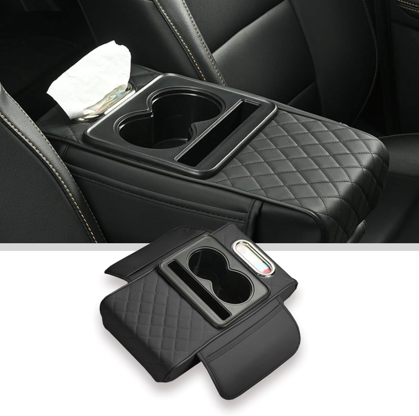 Car arm Rest Cover Pad, 5-in-1 Center Console Cover with Cup Holder, Tissue Box Slot, Mobile Phone Storage Slot, Suitable for Most Car Console Organizer, 13.8''x7.1''x3.0'', (Black)