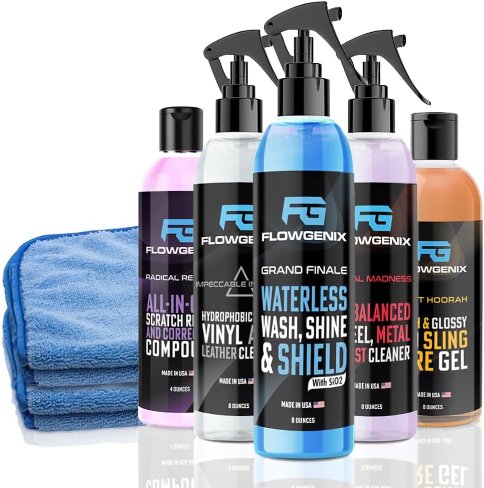 Grand Slam 5-Pack - Waterless Car Wash Detailing Spray, Tire Shine Gel, Scratch Remover, Wheel Metal Rust Cleaner, Interior Cleaner & Protector, 2 Microfiber Towels