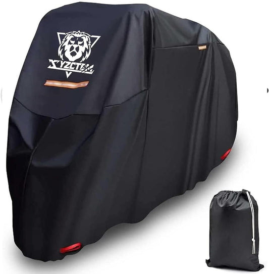 XYZCTEM Motorcycle Cover -Waterproof Outdoor Storage Bag,Made of Oxford Material Fits up to 96 inch, Compatible with Harley Davison and All Motors(Black& Lockholes& Professional Windproof Strap)