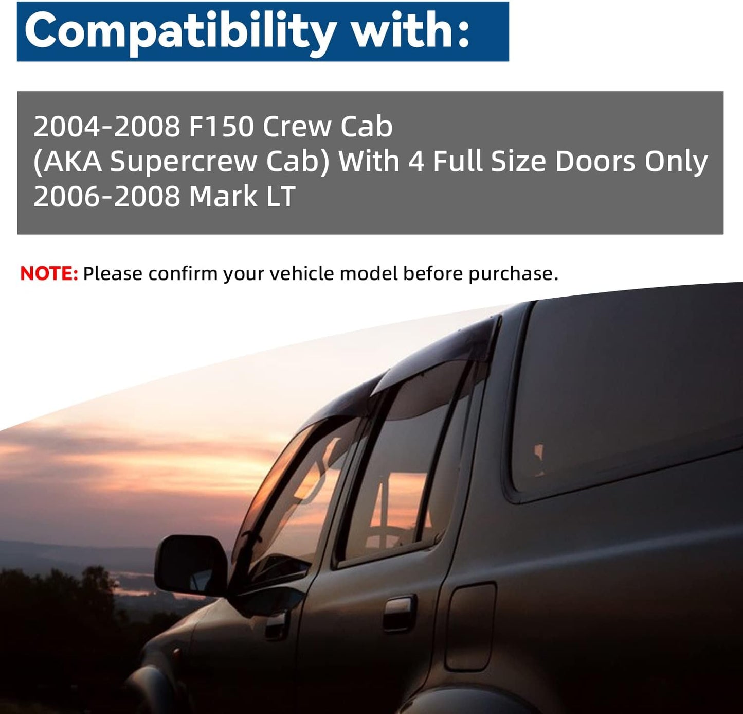 Set of 4 Front+Rear Smoke Sun/Rain Guard Outside Mount Tape-On Acrylic Window Visors Compatible with 06-08 Mark LT 04-08 F-150 Super Crew/Crew Cab with 4 Full Size Doors