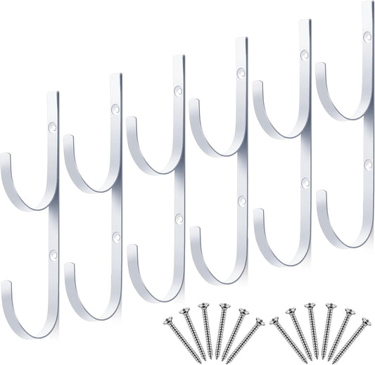 6 Pieces Pool Pole Hook Hanger Swimming Metal Brackets Pool Hook with 12 Pieces Screws for Telescopic Poles, Skimmers, Leaf Rakes, Net, Brush, Vacuum Hose, Garden and Pool Accessories (White)