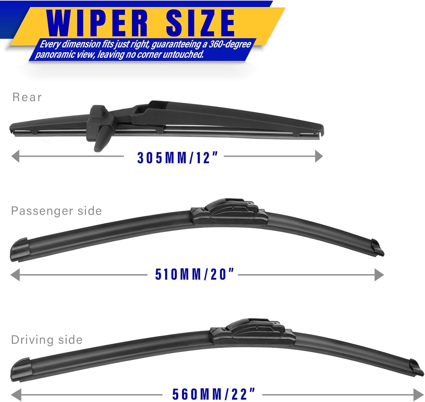 3 wipers Replacement for 2003-2009 Toyota 4Runner, Windshield Wiper Blades Original Equipment Replacement - 22"/20"/12" (Set of 3) U/J HOOK