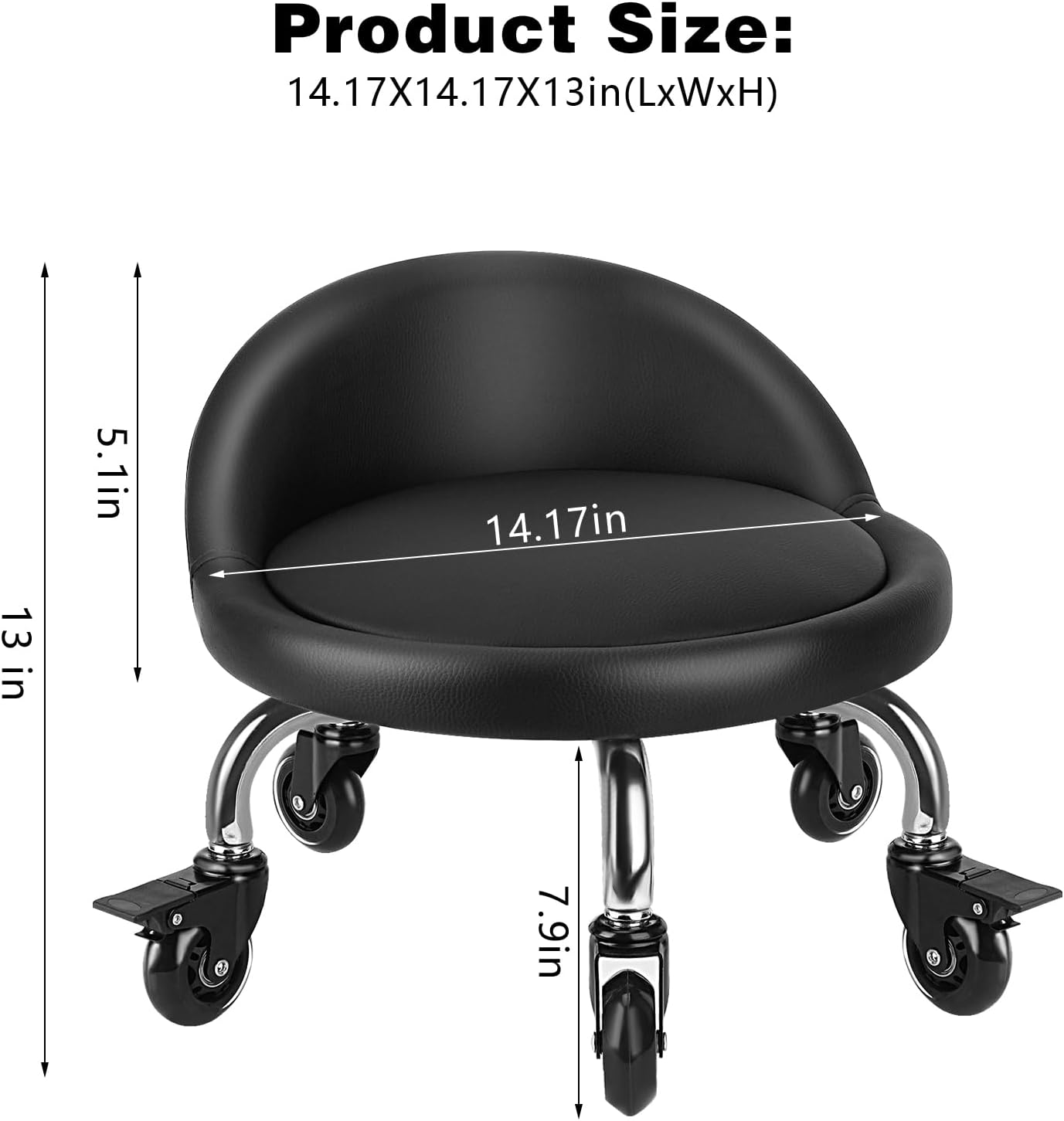 Rolling Stool with Backrest Low Height Rolling Stool with PU Leather, Roller Stool Chair, Roller Seats for Home, Office, Garage, Shop, Library (3.2" h Casters)