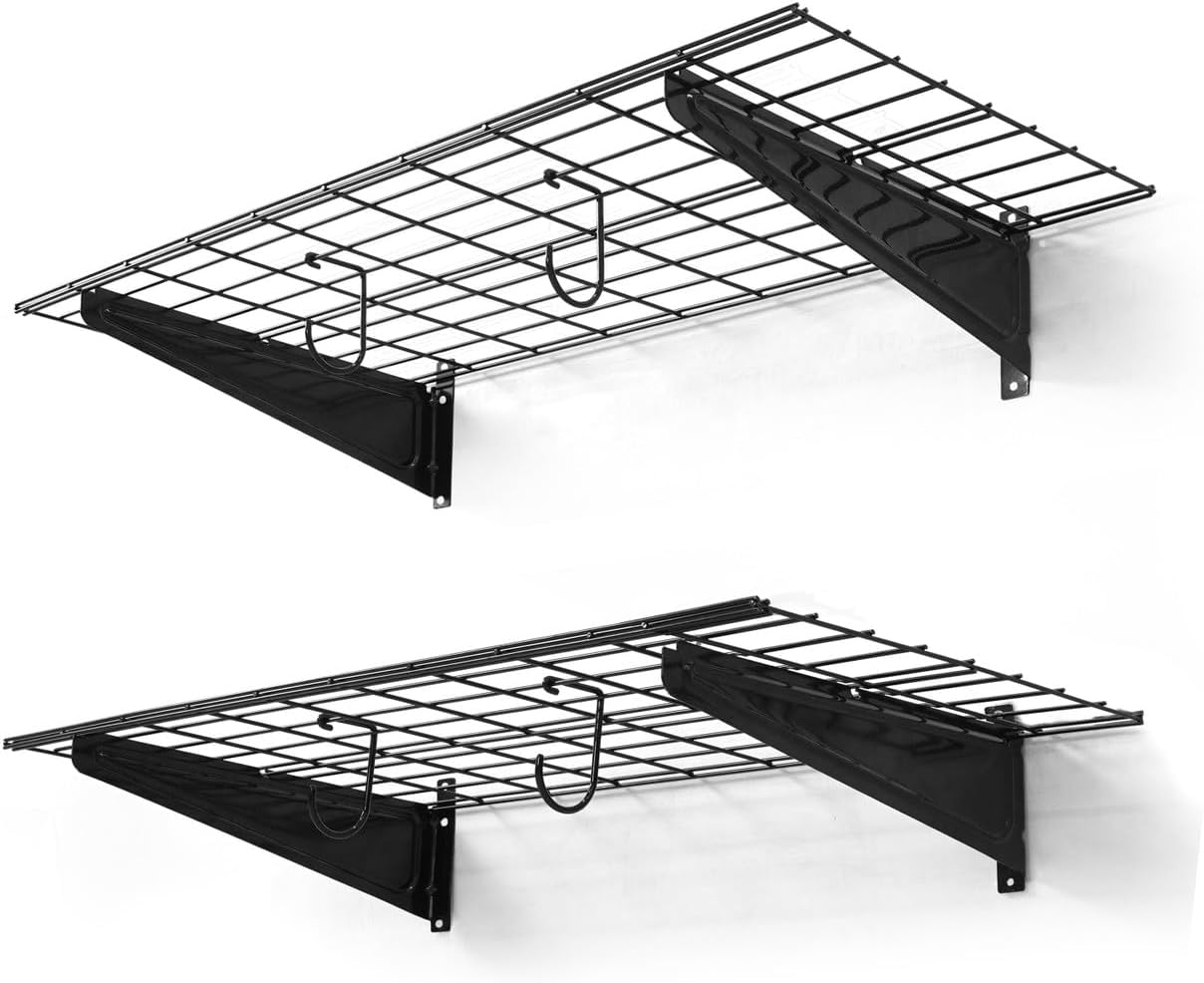 CAPHAUS 2-Pack Garage Shelving Wall Mounted 36x18 Inch, Heavy Duty Metal Wall Shelves with 4 Bike Hooks, 500lbs Capacity Storage Rack for Garage Organization System, Black