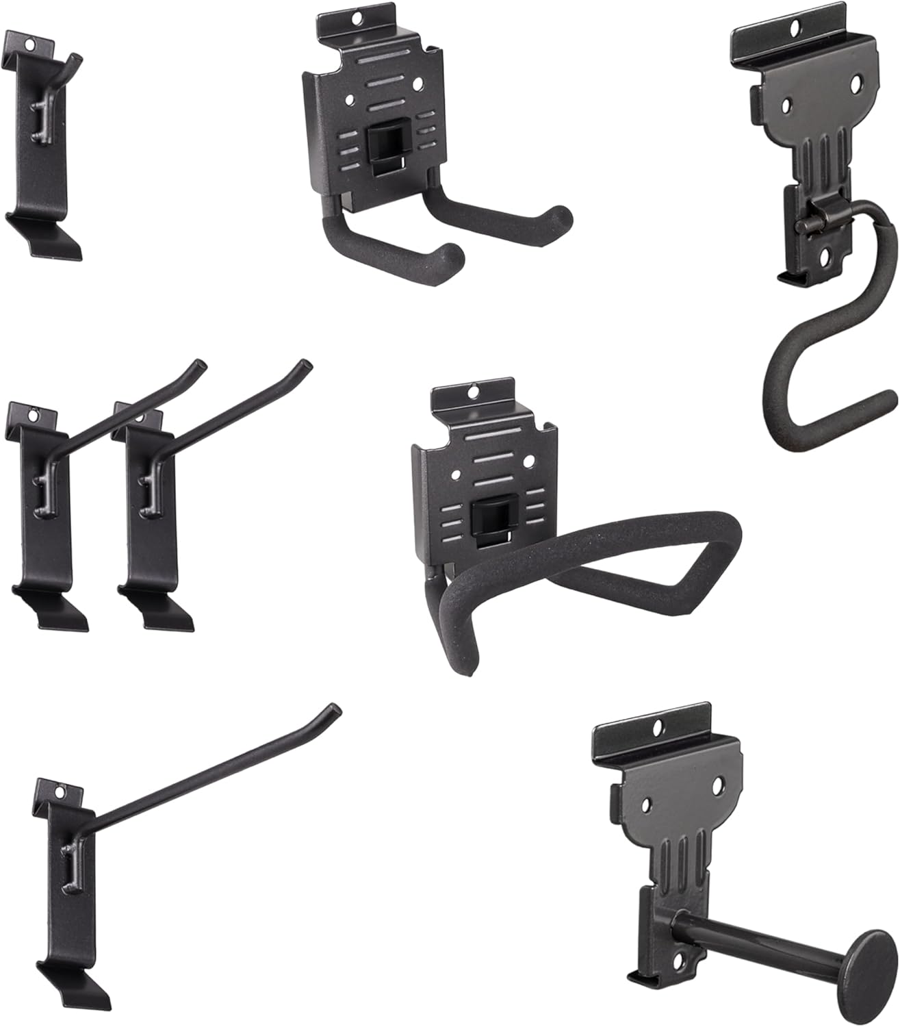 8 Pack Heavy Duty Slatwall Hooks, Black, Snap & Heavy-Duty Hooks Mix, Organize Garage, Storage, Tools, Sports Gear, Cords