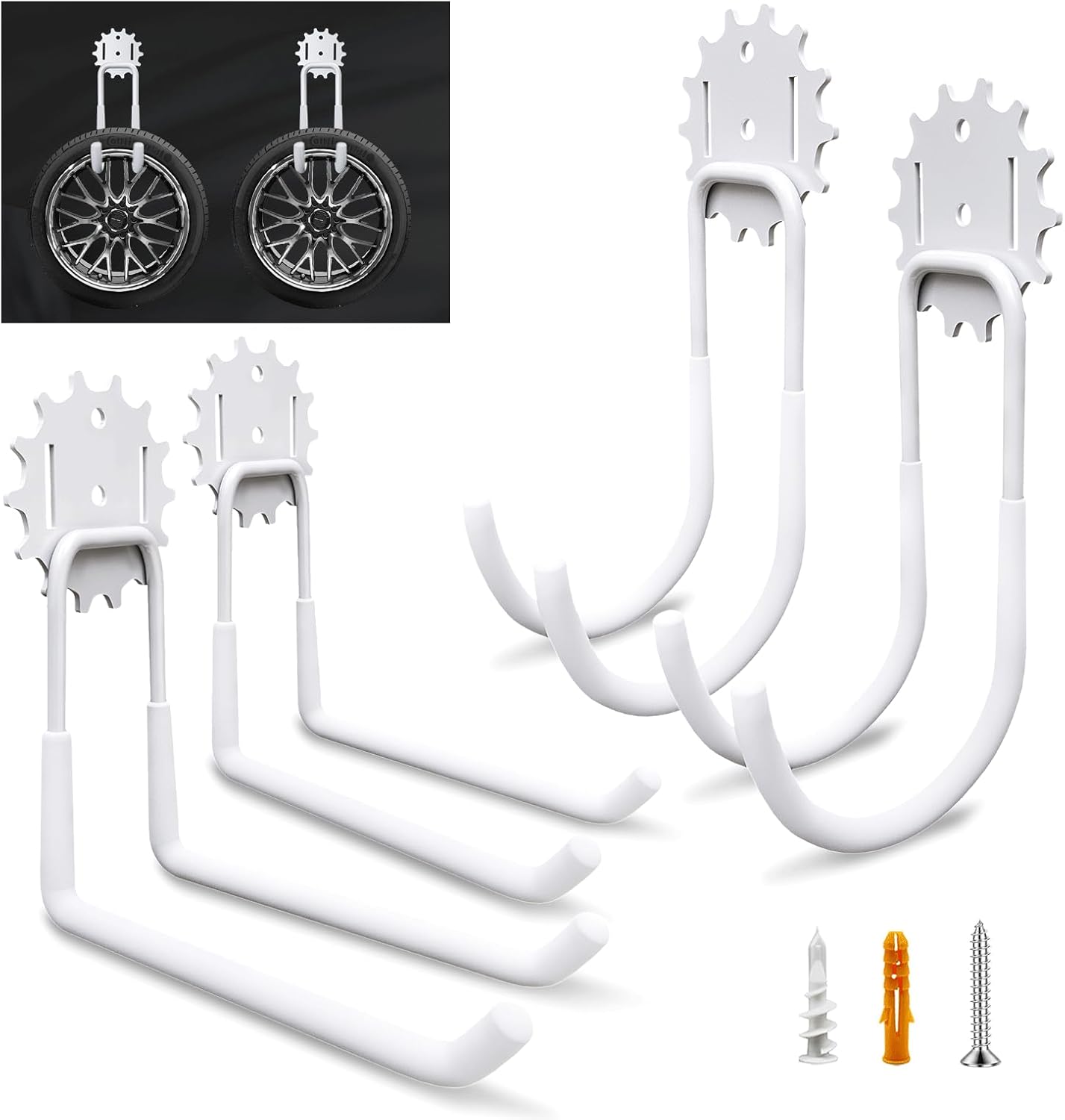 Garage Hooks White 4 Pack,68-110LB Heavy Duty Steel Storage Utility Hooks with PVC Anti-Slip Coating,Wall Mount Hooks for Hanging Garden and Power Tools,Bike,Ladder,Hose