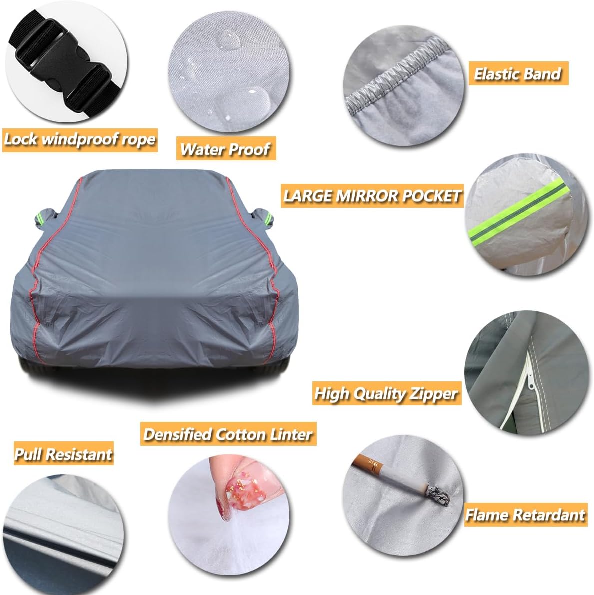 AUQDD 6-Layers PEVA New Material Sedan SUV Full Padded Car Cover Waterproof All Weather Weatherproof UV Sun Protection Snow Dust Storm Resistant Outdoor Exterior Custom Form-Fit Straps 188"-200" Grey