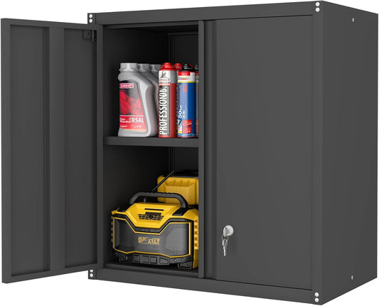LUCYPAL Garage Storage Cabinet,27.95" H Metal Wall Cabinets with Locking Doors and Adjustable Shelves,Steel Hanging Storage Cabinet for Home Office,Kitchen,Basement,Black