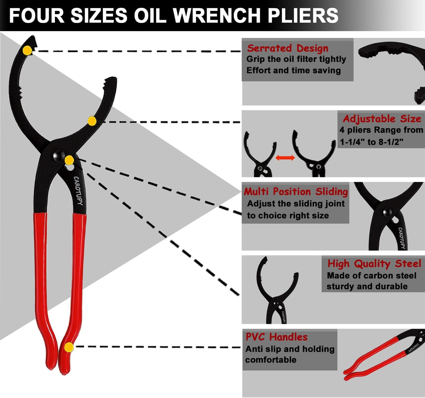 6Pcs Oil Filter Pliers Set, Universal Oil Filter Wrench with Oil Funnel, 10" & 12" & 14" & 16" Premium Oil Filter Removal Tool From 1-1/4" to 8-1/2"