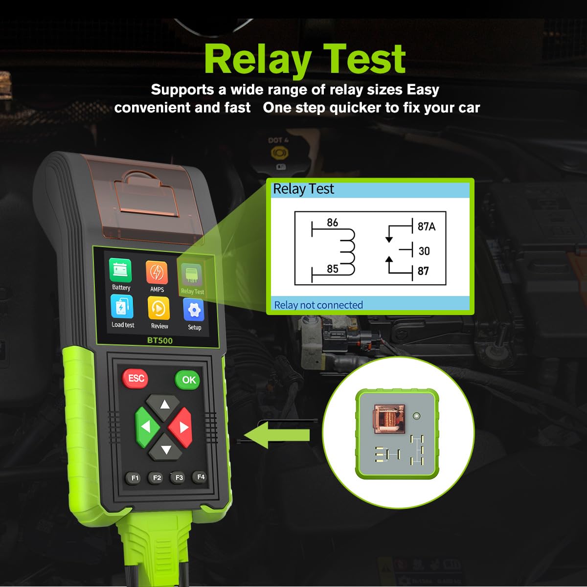 Automotive Battery Tester with Printer, 12V 24V Car Battery Load Tester and Alternator Tester, 20-2000 CCA Battery Capacity Tester, Relay Tester, Leakage Test for Heavy Duty Truck, BT500
