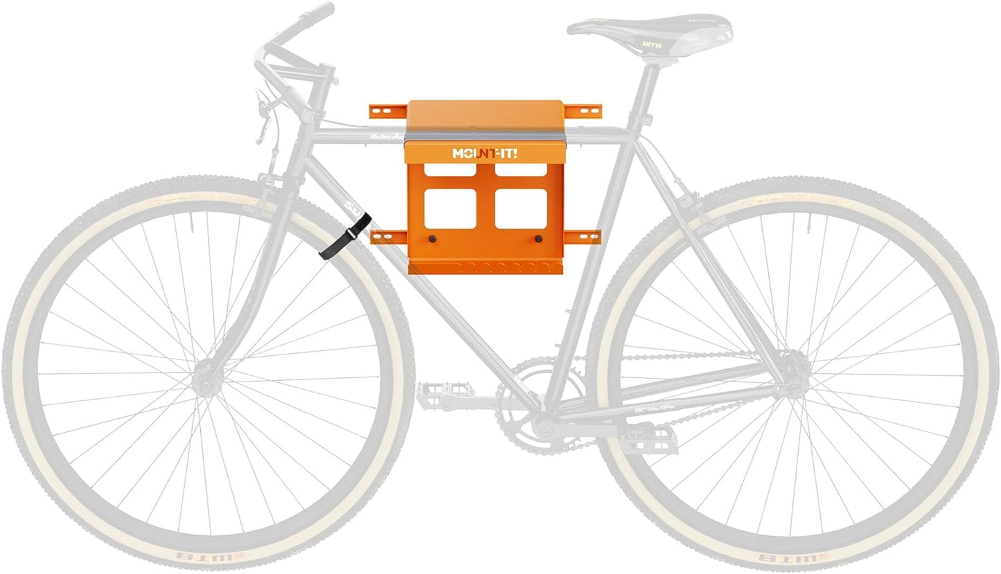 Mount-It! Bike Wall Mount Rack with Shelf and Hooks, Horizontal Indoor Bike Rack Garage Home, Space Saving Wall Mounted Hanger for a single Road, Mountain or other Bicycle with Extra Storage, Orange