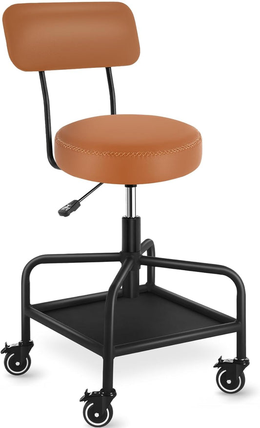 Shop Stool with Lockable Rubber Wheels Adjustable Backrest Tool Tray Storage 400 lb Capacity Rolling Garage Stool (Brown)