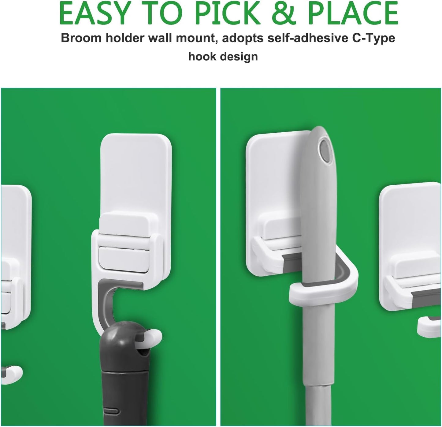 4pack Broom Holder Wall Mount Mop Holder Broom and Mop Gripper Self Adhesive No Drilling Anti-Slip Mop Handle Hanger Household Cleaning Organizer, Holds up to 6 lb