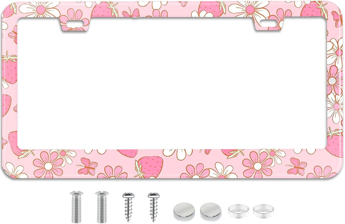 Pink Strawberry Butterfly Floral License Plate Frame Stainless Steel License Plate Frames Holder Covers Rust-Proof Auto Parts Decoration with Screws License Plate Holder for Car Accessories 12x6 Inch
