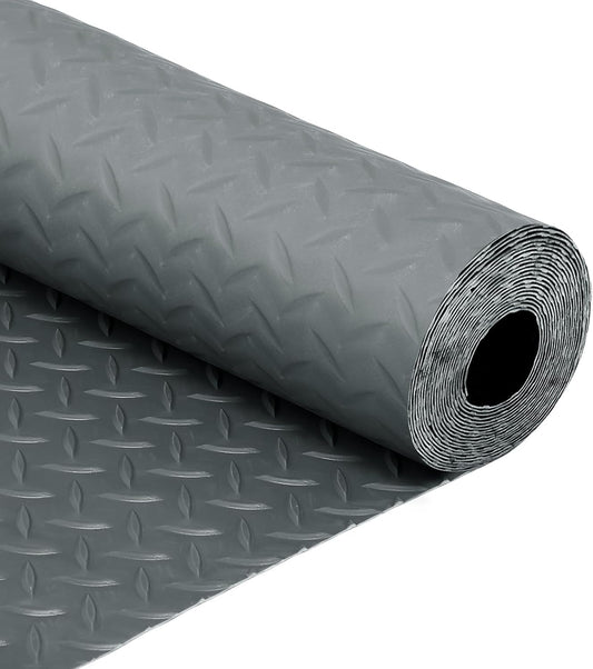 FAHKNS 7.5 X 17 FT Garage Floor Mat, Diamond Plate PVC Flooring Roll Thickened Garage Mats, Heavy Duty Parking Mat Waterproof Non-Slip Floor Protector For Car, Trailer, SUV, Basement, Gym, Shed (Grey)