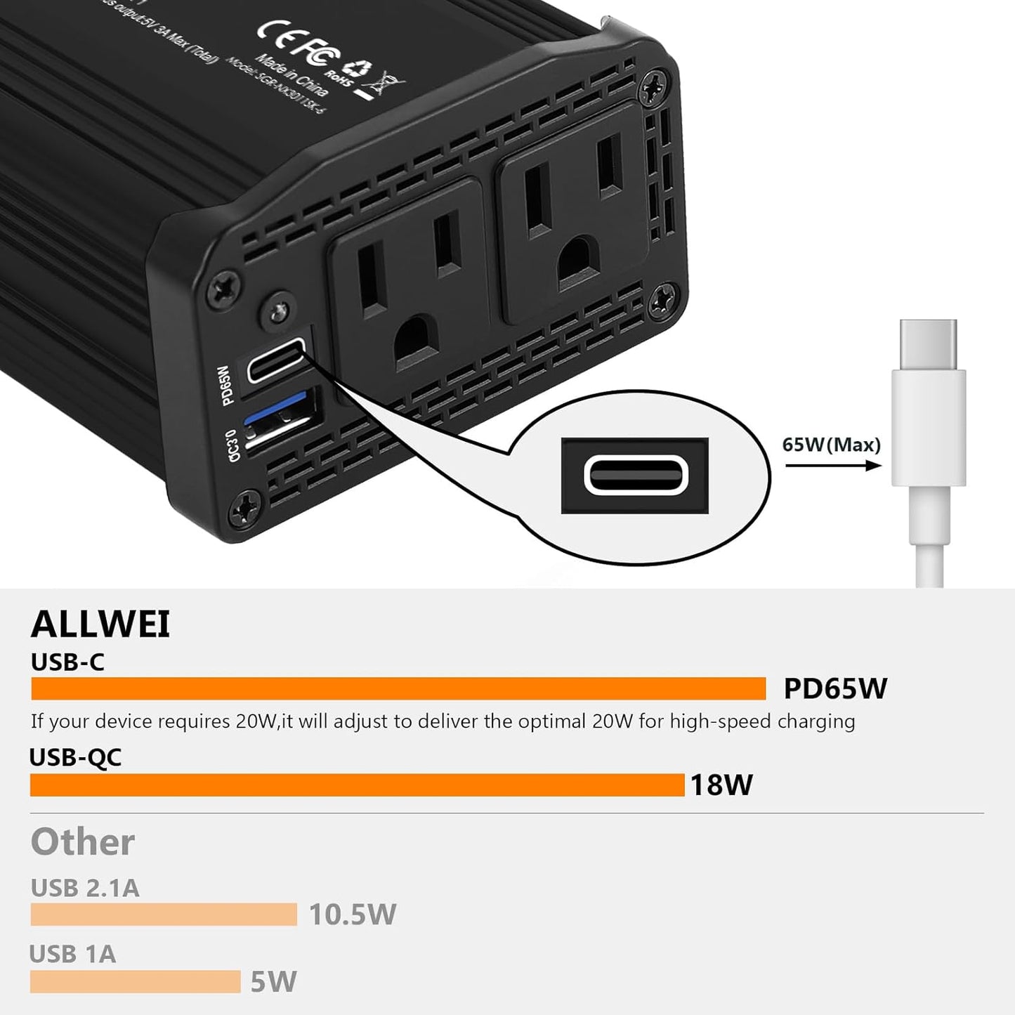 ALLWEI 300W Car Power Inverter DC 12V to 110V AC for Vehicles Converter USB-C PD65W/18W Fast Charging Ports Car Charger Adapter (Black)