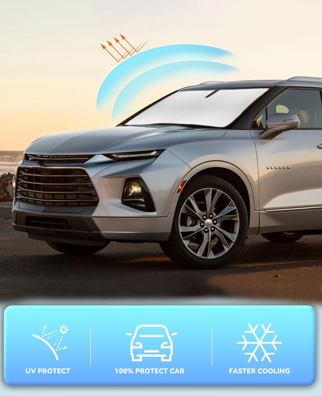 Sunshade Cover for Chevy Blazer Windshield Sun Shade for 2019-2023 2024 2025 2026 Chevy Chevrolet Blazer Accessories Window Shields Sun Visor Protector Blocks UV Rays Protect Car from Heat Damage