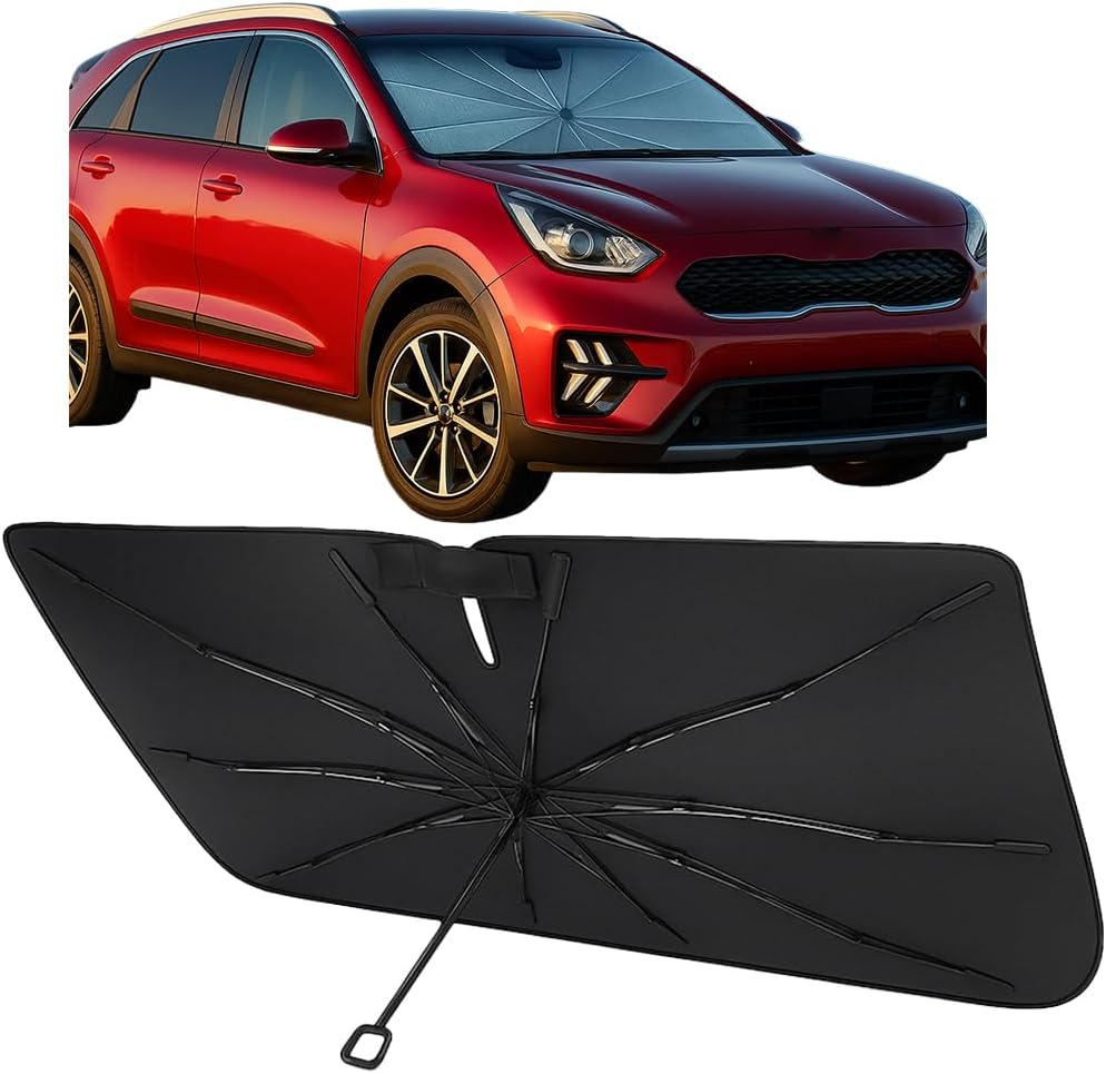 Proadsy Windshield Sun Shade Umbrella for Kia NIRO 2017-2022 Foldable Car Umbrella Sunshade with Soft TPU Handle Spring Structure Crystal Cooling Material Protect Car from Rays & Heat