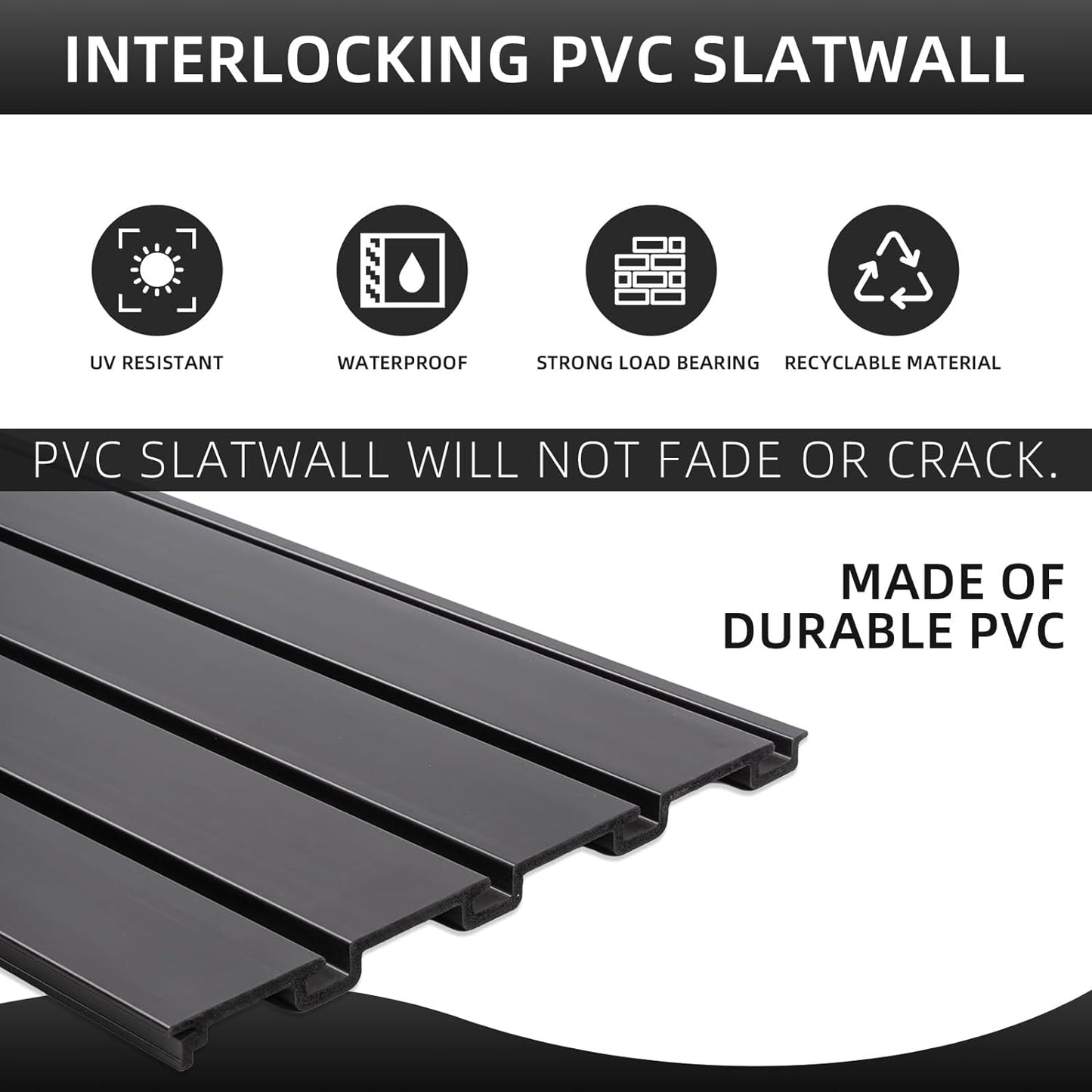 Slatwall Panel Garage Wall Organizer, Heavy Duty Wall Mounted Garage Slat Wall Storage Systems, PVC Wall Panels Slat Board, Slate Wall Black 4'W x 4'L