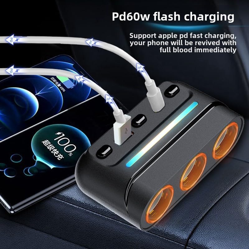 3 - in - 1 Cigarette Lighter Adapter with PD/QC Fast Charging, Independent Switches Car Charger, RGB LED Indicator Lights - Universal Cigarette Lighter USB Charger for Cars, SUVs