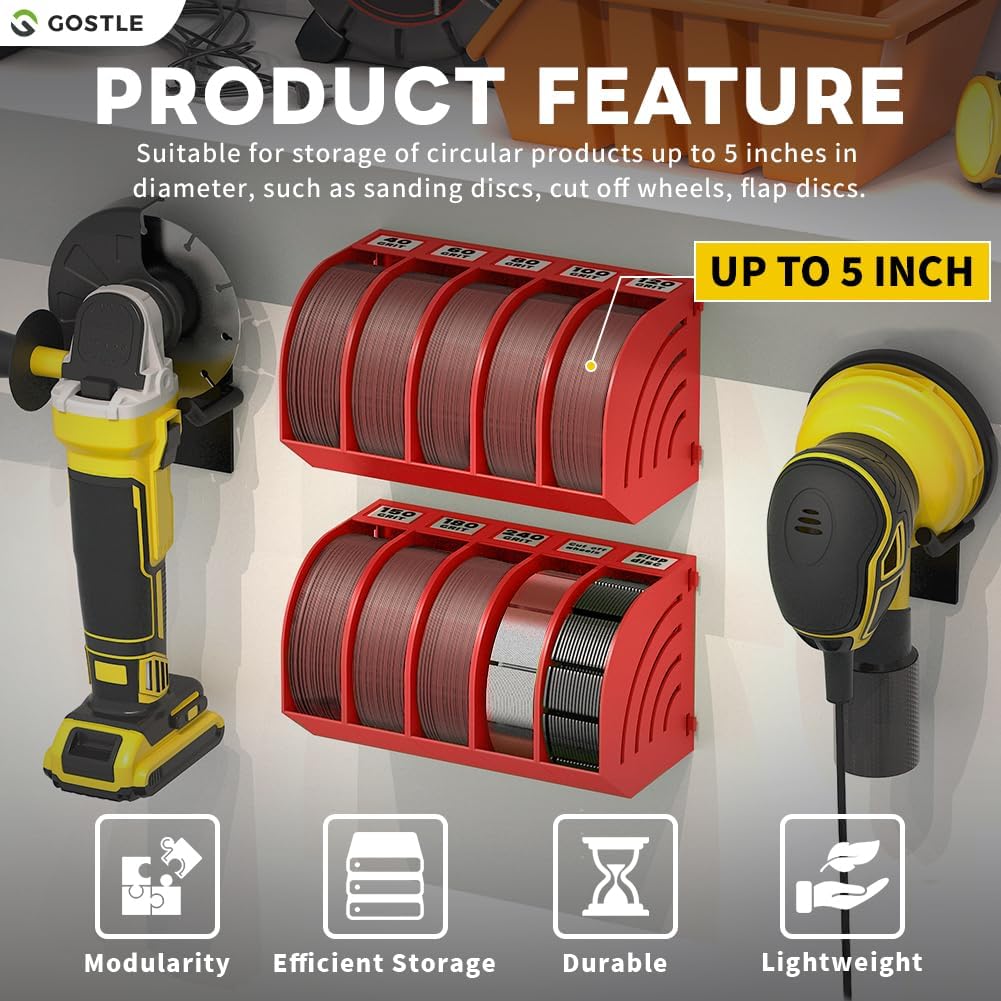 5 Inch Professional Sanding Discs Storage Bins - 8 Bins Set for Efficient Organization, Offset Snap-On Connection, Grit Classification, Space-Saving Design and Versatile Application, Red