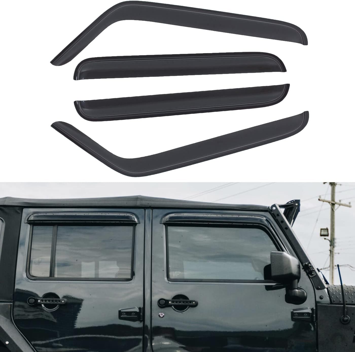 Set of 4 Front+Rear Smoke Sun/Rain Guard Outside Mount Tape-On Acrylic Window Visors Compatible with 07-18 Wrangler JK 4-Door