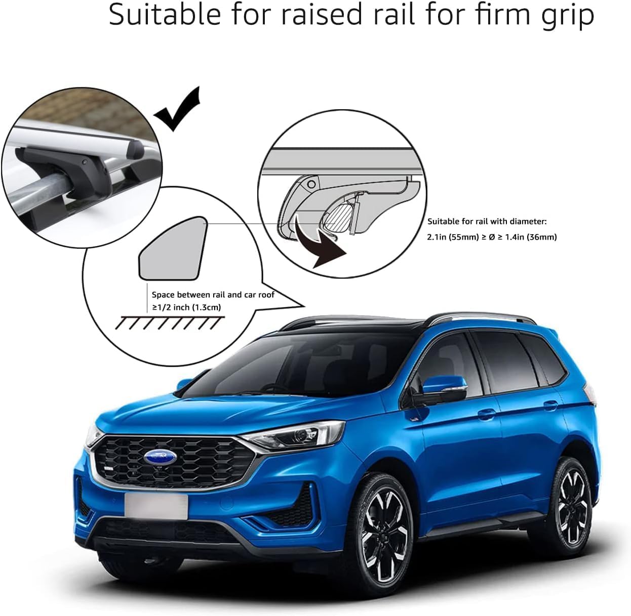 Amazon Basics Cross Rail Roof Rack, 56 inches, Fits up to 49.6" Spans between Raised Side Rails with Gap, Pack of 2, Black/Silver