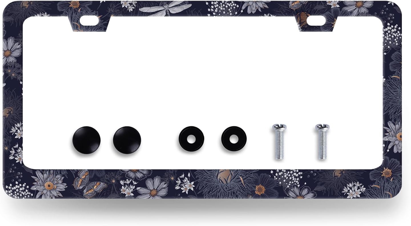 Blue Folk Art Flowers License Plate Frame Colorful Floral License Plate Holder Stainless Steel Funny Design with 2 Holes and Screws 12.3" x 6.3"