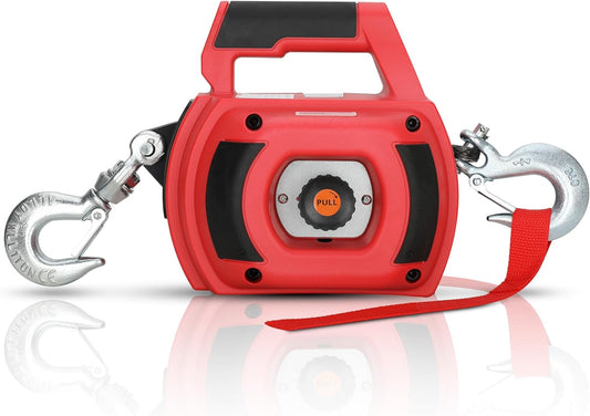 Portable Drill Winch of 1000 Lbs, Red Handheld Drill Winch with 40 Foot Synthetic Rope, Rotate The Hook 360 Degrees, for Lifting & Dragging(Red)