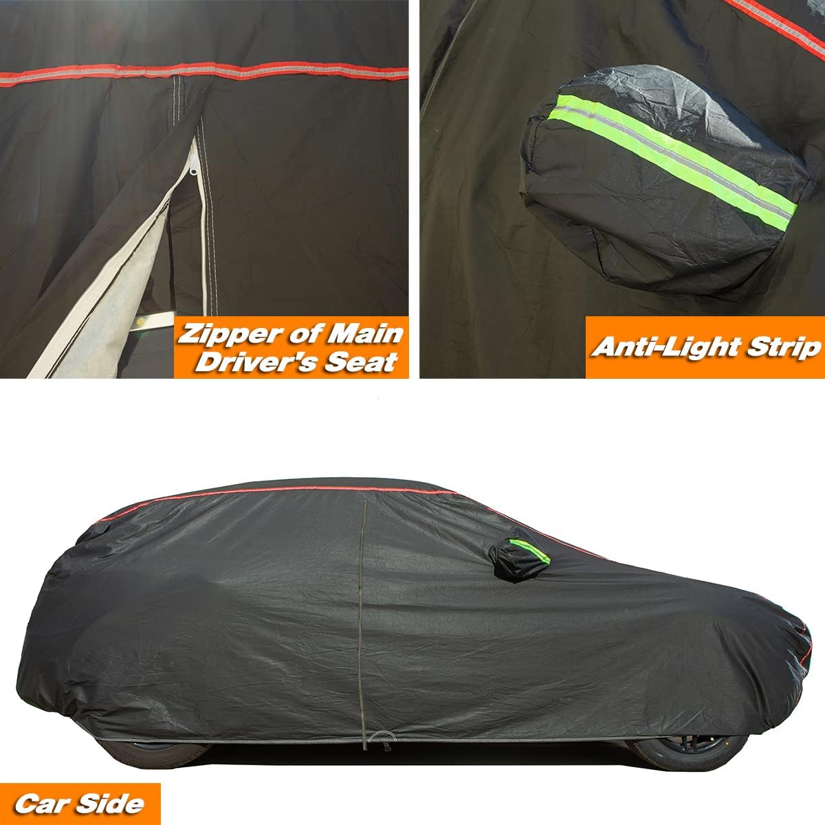 AUQDD 6-Layers PEVA New Material Sedan SUV Full Padded Car Cover Waterproof All Weather Weatherproof UV Sun Protection Snow Dust Storm Resistant Outdoor Exterior Custom Form-Fit Straps 198"-208" Black