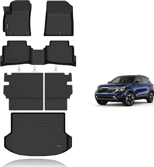 KELCSEECS® Floor Mats & Cargo Liner with Seatback Mats Custom for 2024 2025 2026 Kia Seltos(Cargo Mat Only Fit The Upper Layer)All Weather Protection TPE Floor Liners Full Set Seltos Accessories Black
