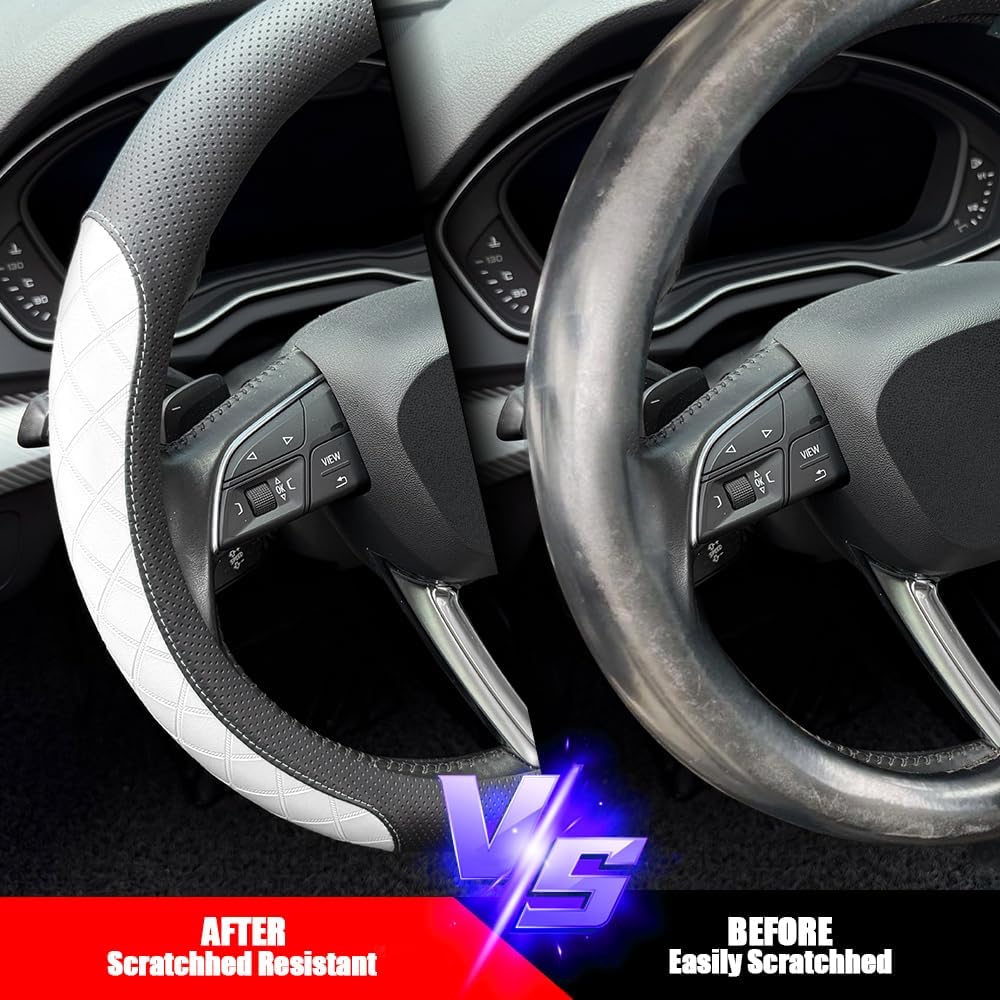 LKWLIKEI Nappa Leather Steering Wheel Cover, Elegant Diamond Checkered Design, Non-Slip wear-Resistant, Enhance Driving Comfort, Suitable for Steering Wheel Diameter 14 1/2‘-15’ Models.Black White