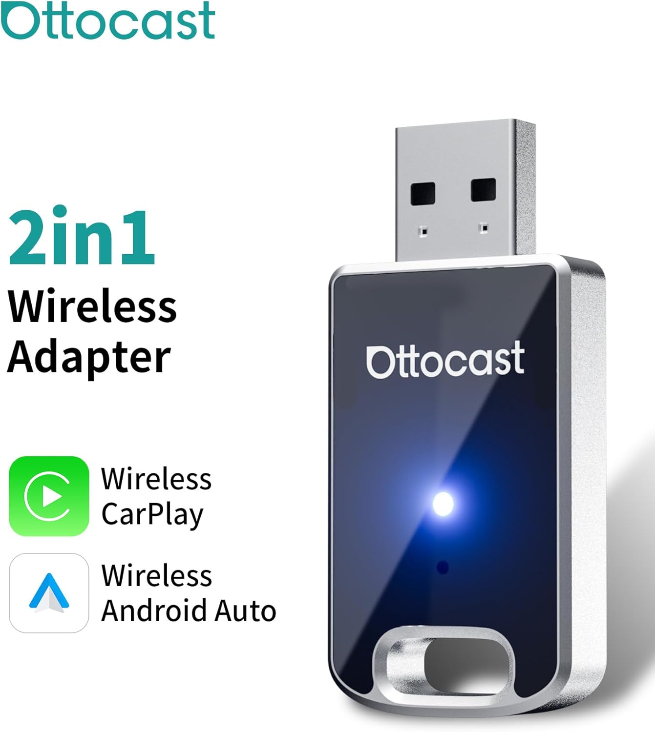 OTTOCAST Mini 2 in 1 Wireless Carplay Adapter & Wireless Android Auto Adapter for Apple iPhone Samsung or Other AndroidPhone, USB Bluetooth Car Accessories for OEM Wired Carplay/Android Auto Cars