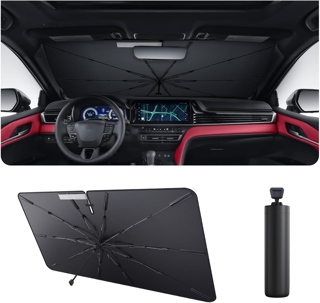2025 Upgrade Car Windshield Sun Shade Windshield Sunshade Umbrella [Star Fabric] Protect Car from Sun Rays&Heat Damage Keeps Vehicle Cool, Spring Structure Edge Fits Sedans,SUVs,Trucks,Hatchbacks (M1)