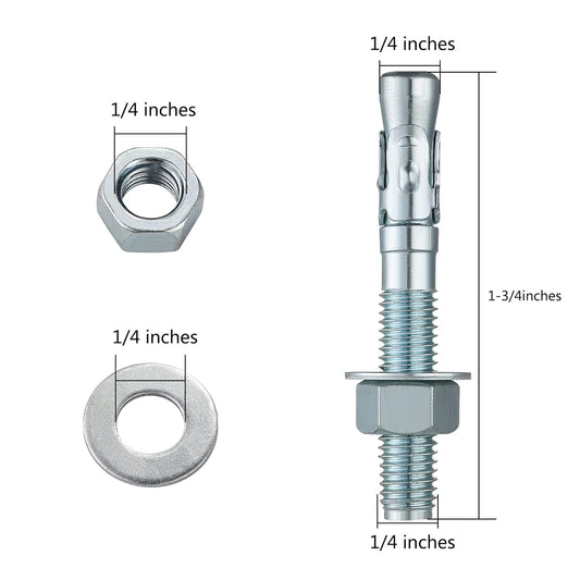 1/4x1-3/4 100Pcs Inch Standard Fasteners for Heavy-Duty Zinc Wedge Anchors for Cement and Concrete
