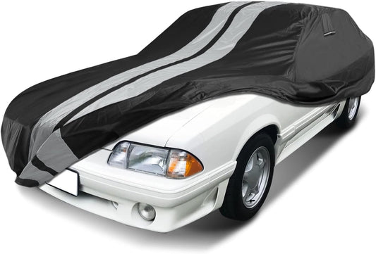 iCarCover Custom Car Cover for 1979-2004 Ford Mustang LX, GT Waterproof All Weather Rain Snow UV Sun Protector Full Exterior Indoor Outdoor Car Cover (Stripe - Black/Gray)