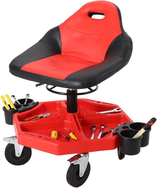 Garage Stool, 19”-24” Adjustable Rolling Mechanic Stool with Universal Wheels, Removable Magnetic Tool Tray, 300LBS Capacity, Roller Creeper Seat, Shop Chair