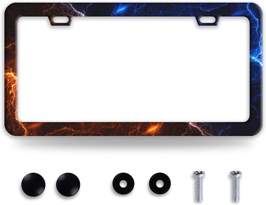 Red and Blue Lightning License Plate Frame Funny License Plate Frames Stainless Steel Accessories Cars Decor with 2 Holes and Screws Fits Standard Us Ca Vehicles License Plate Holder 12.2 X 6 Inch